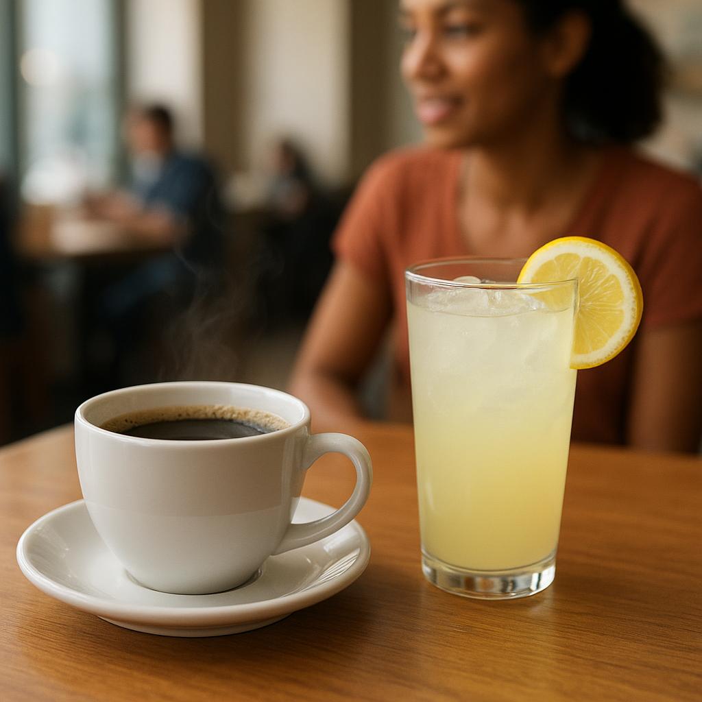 Cup of coffee beside a glass of lemonade