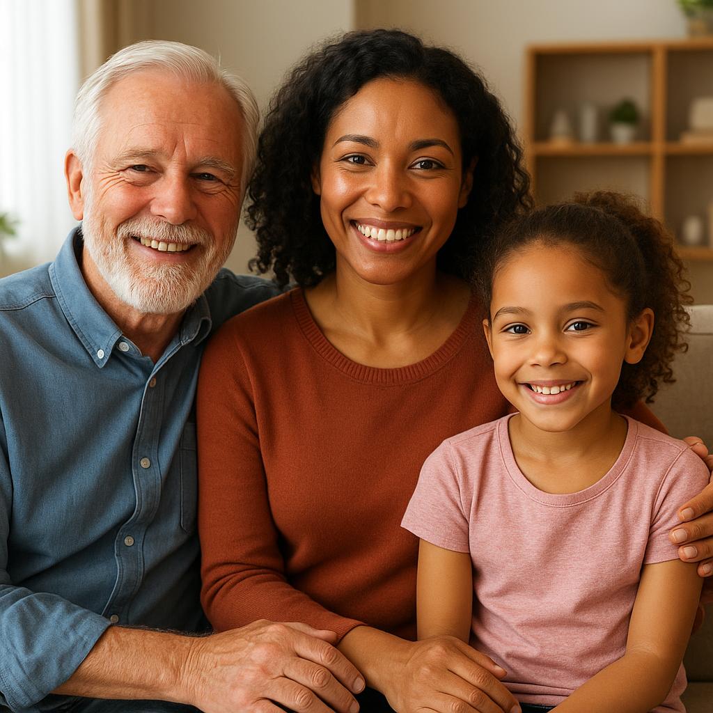 Three generations smiling together at home