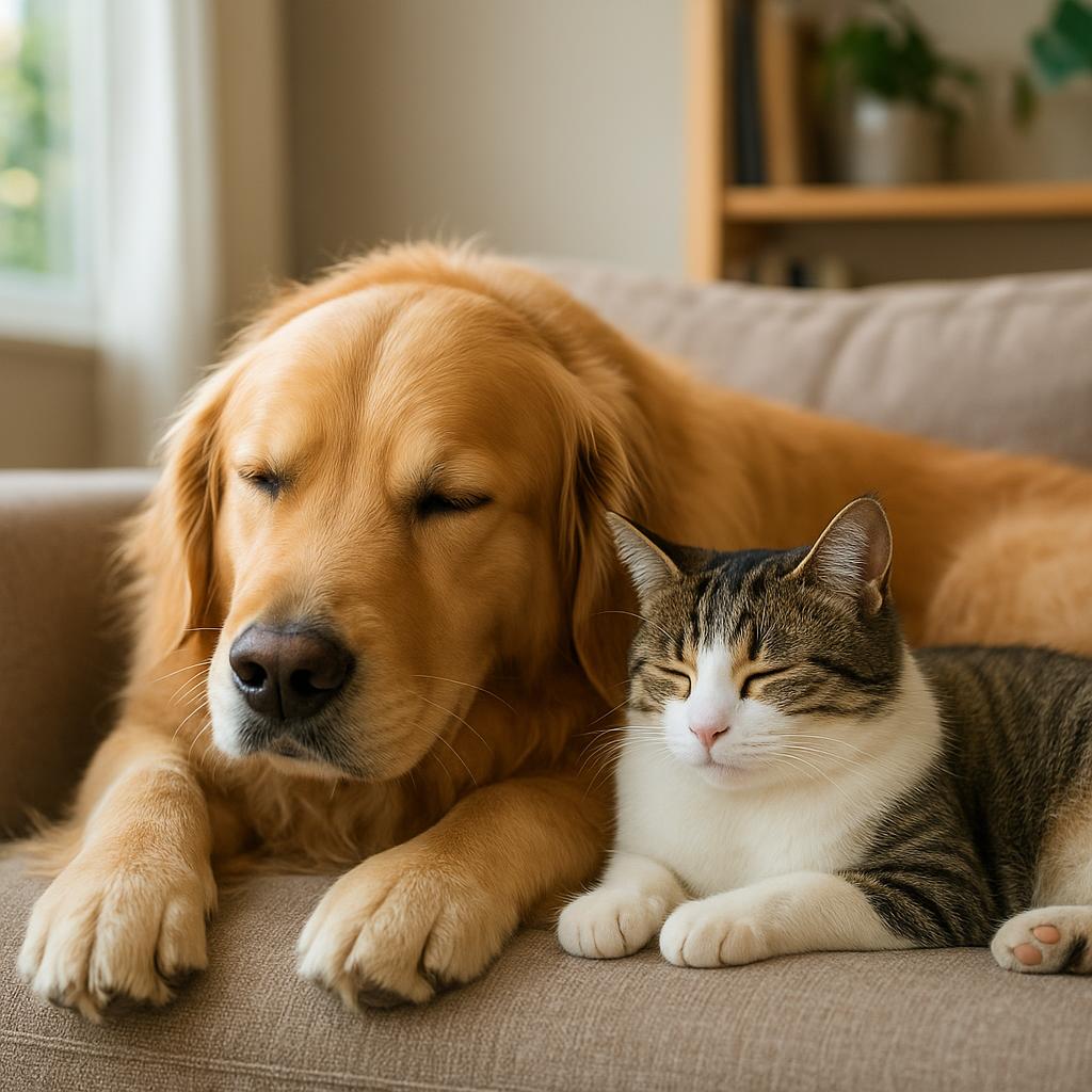 Golden retriever and family cat relaxing together