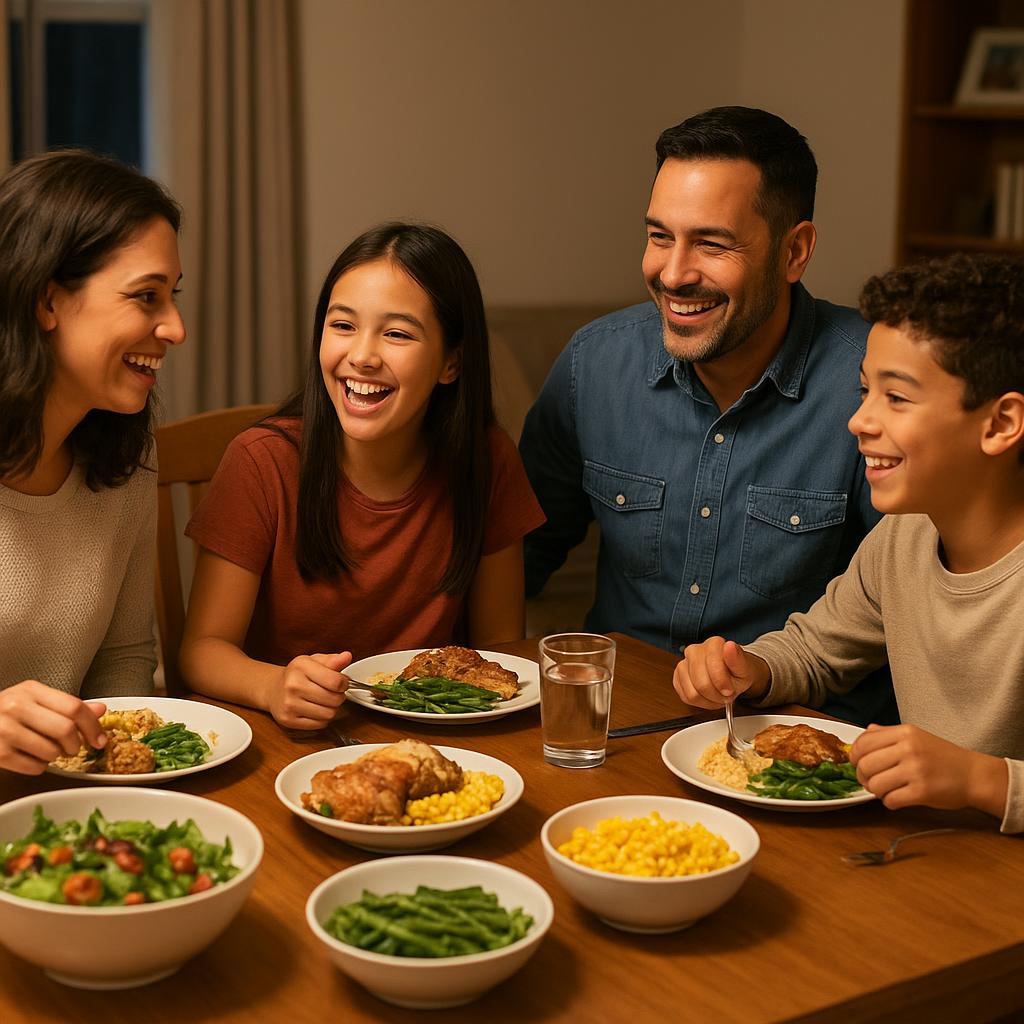 Family sharing dinner around a dining table