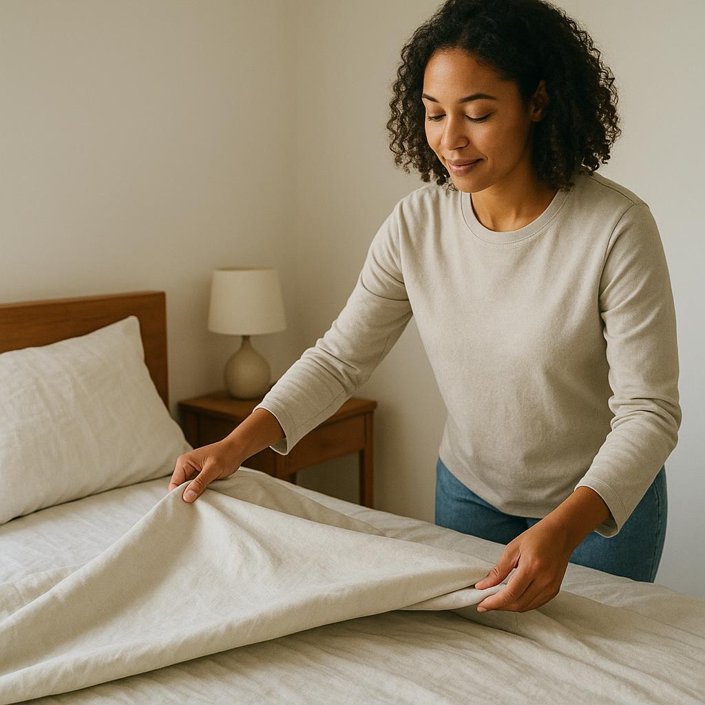 Person making the bed after waking up