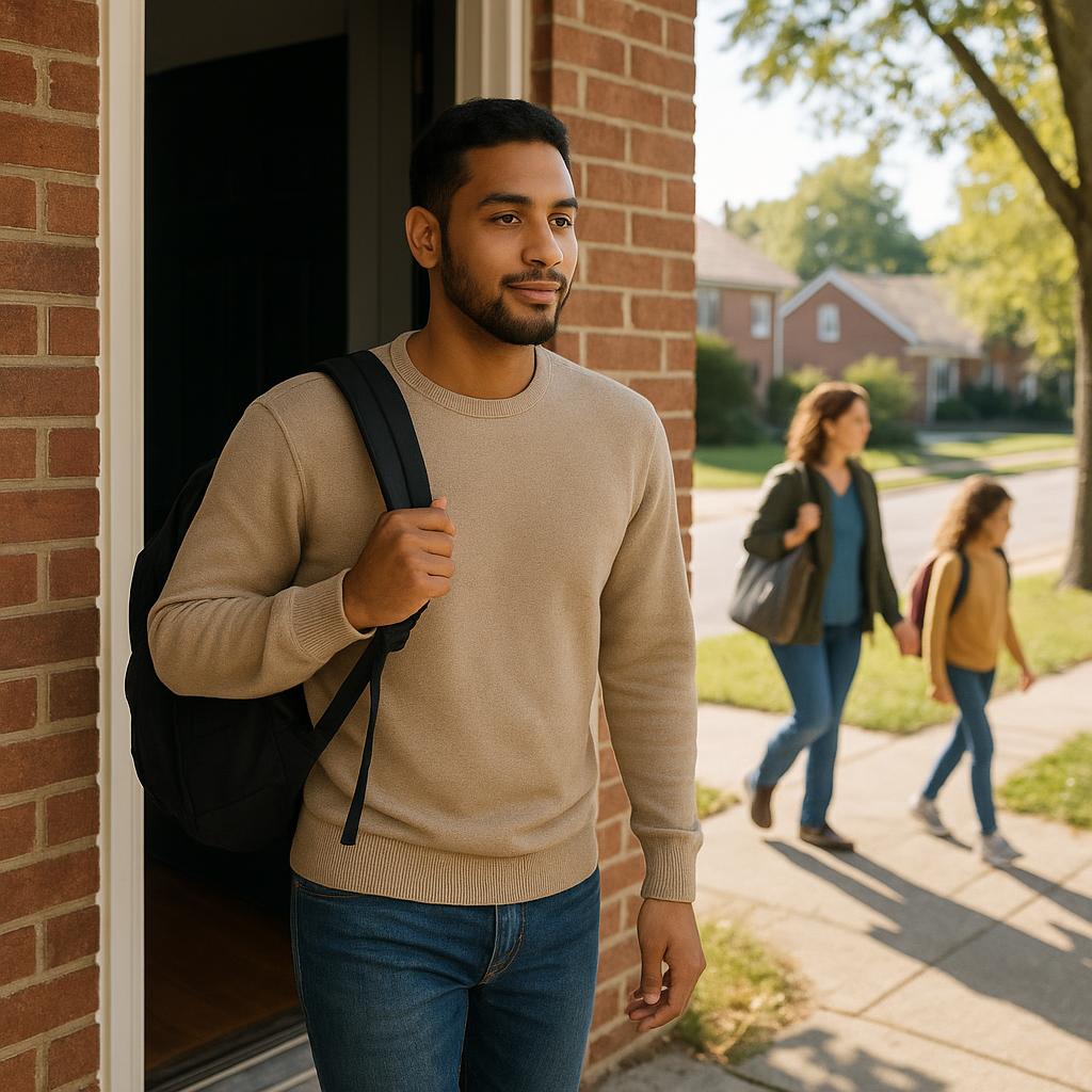 Person leaving home with a backpack in the morning