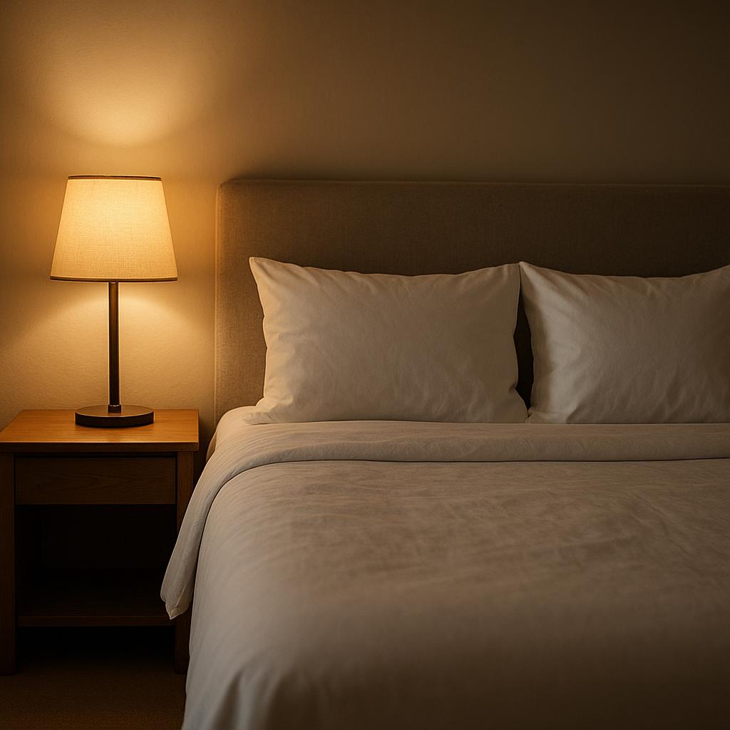 Bedroom with bedside lamp and neatly made bed