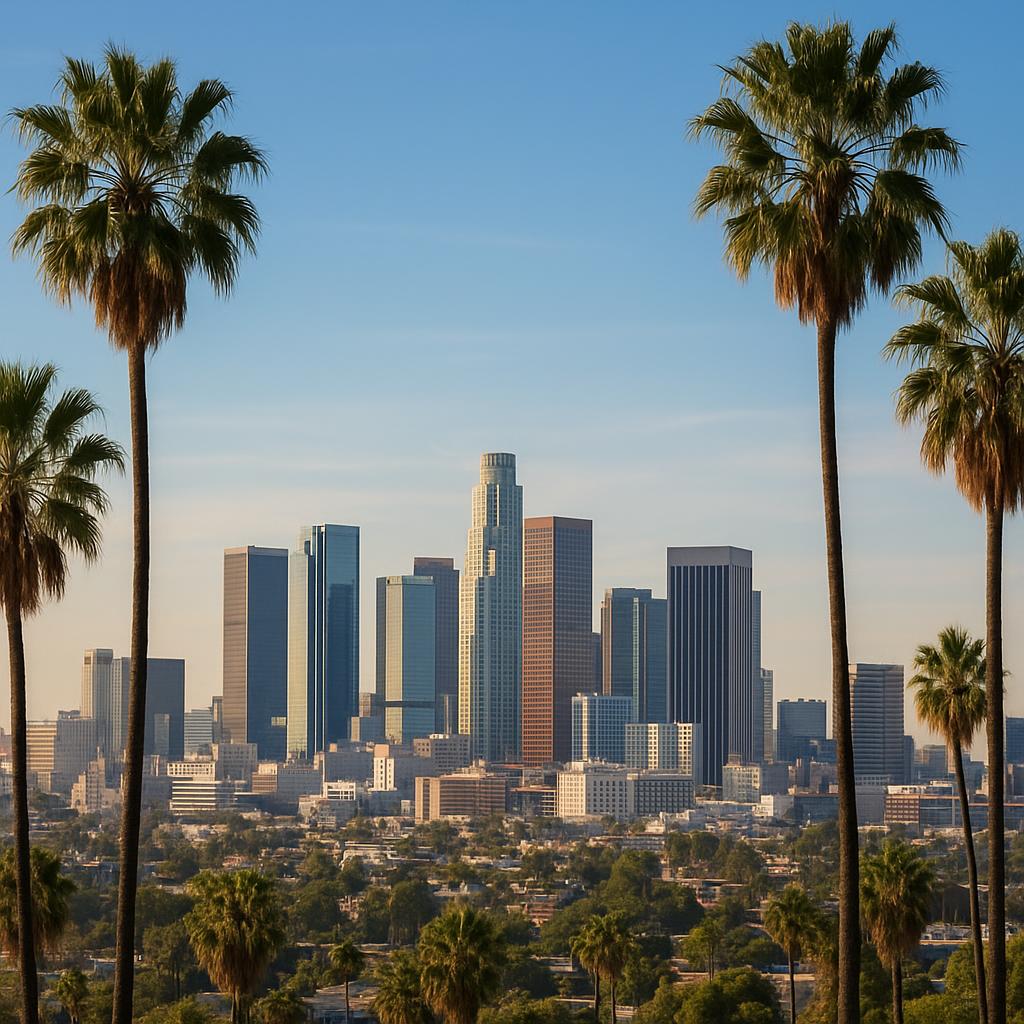 Palm trees with the downtown Los Angeles skyline
