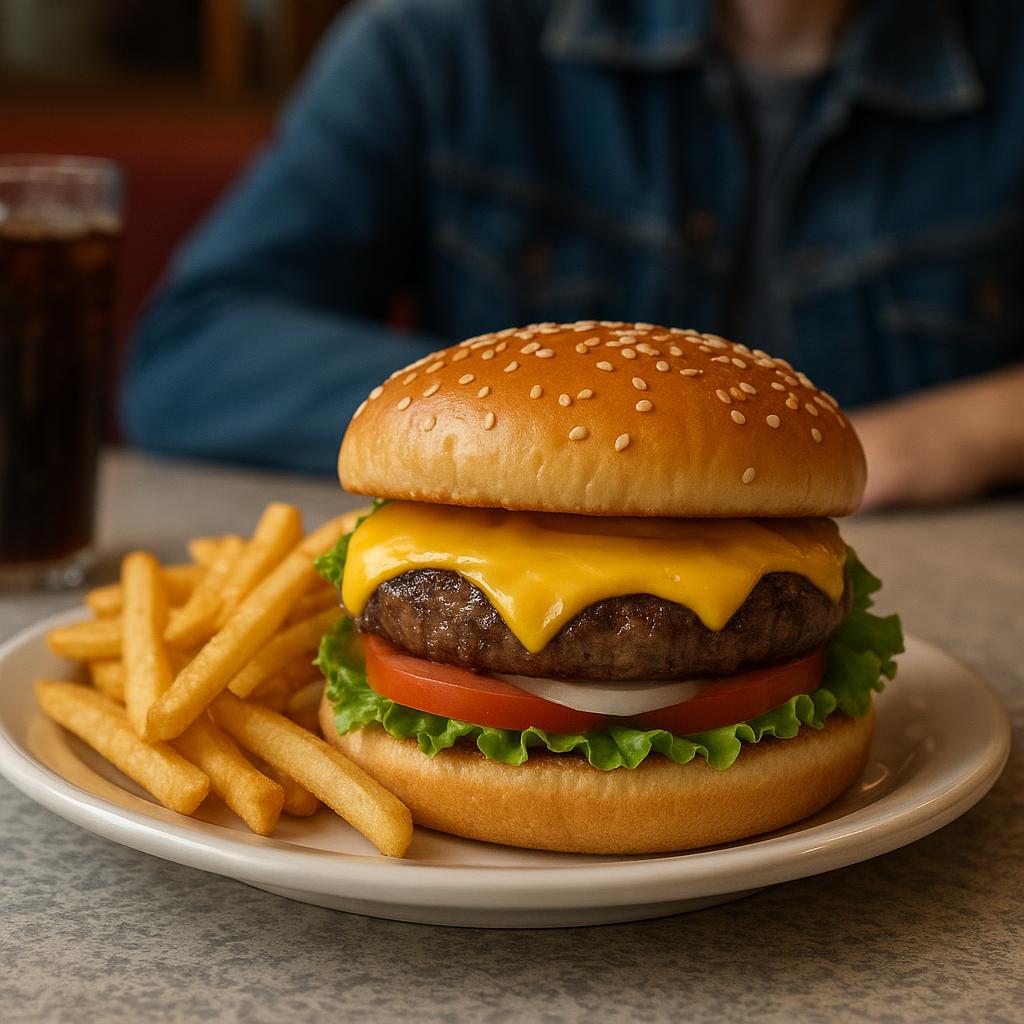 Classic American cheeseburger with fries on a diner table