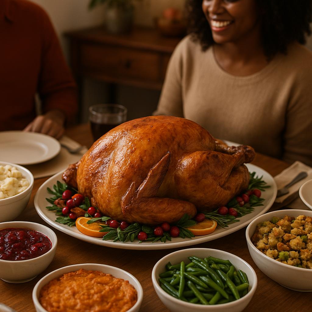 Roast turkey with traditional Thanksgiving side dishes