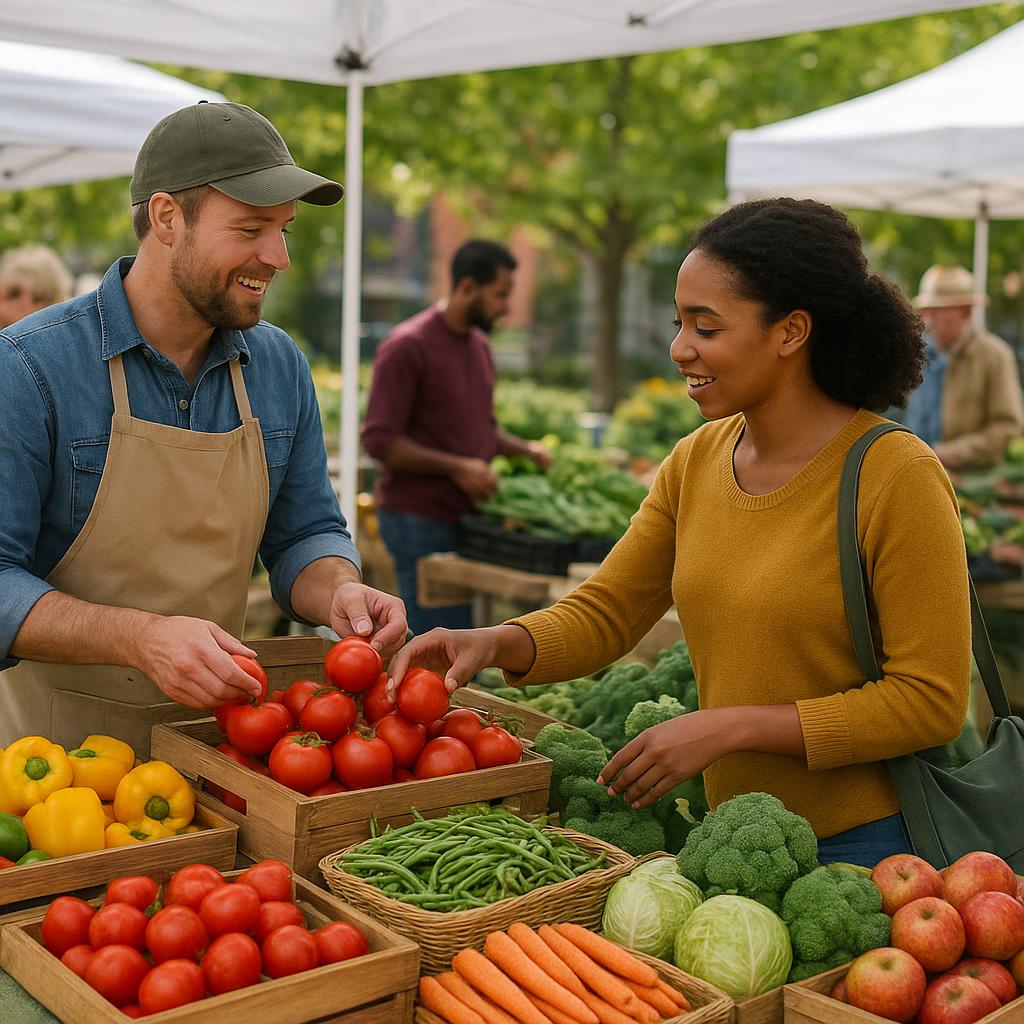 Outdoor farmers market with fresh fruits and vegetables