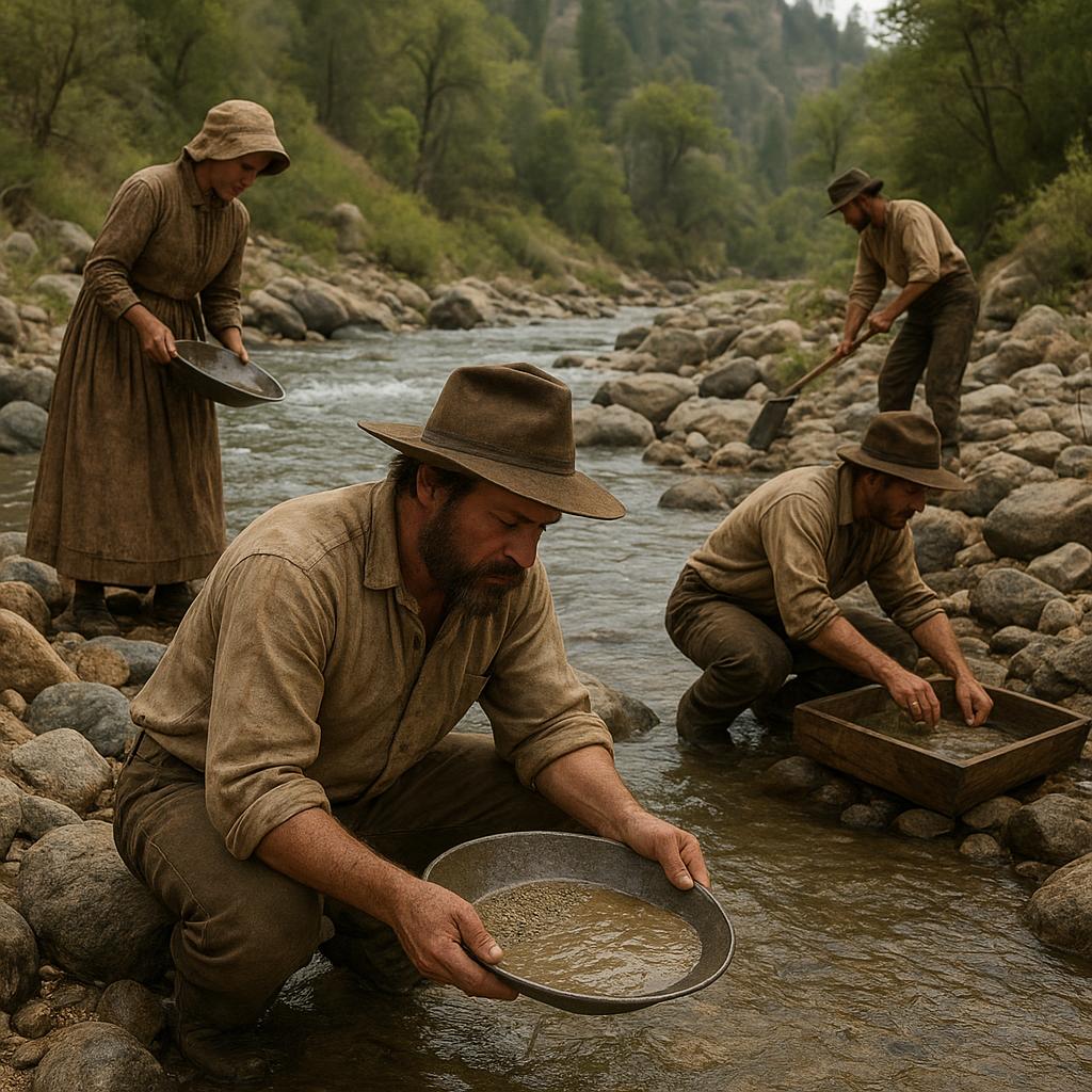 Gold miners working beside a mountain stream