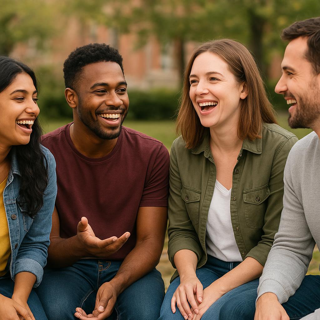 Group of friends talking and laughing together
