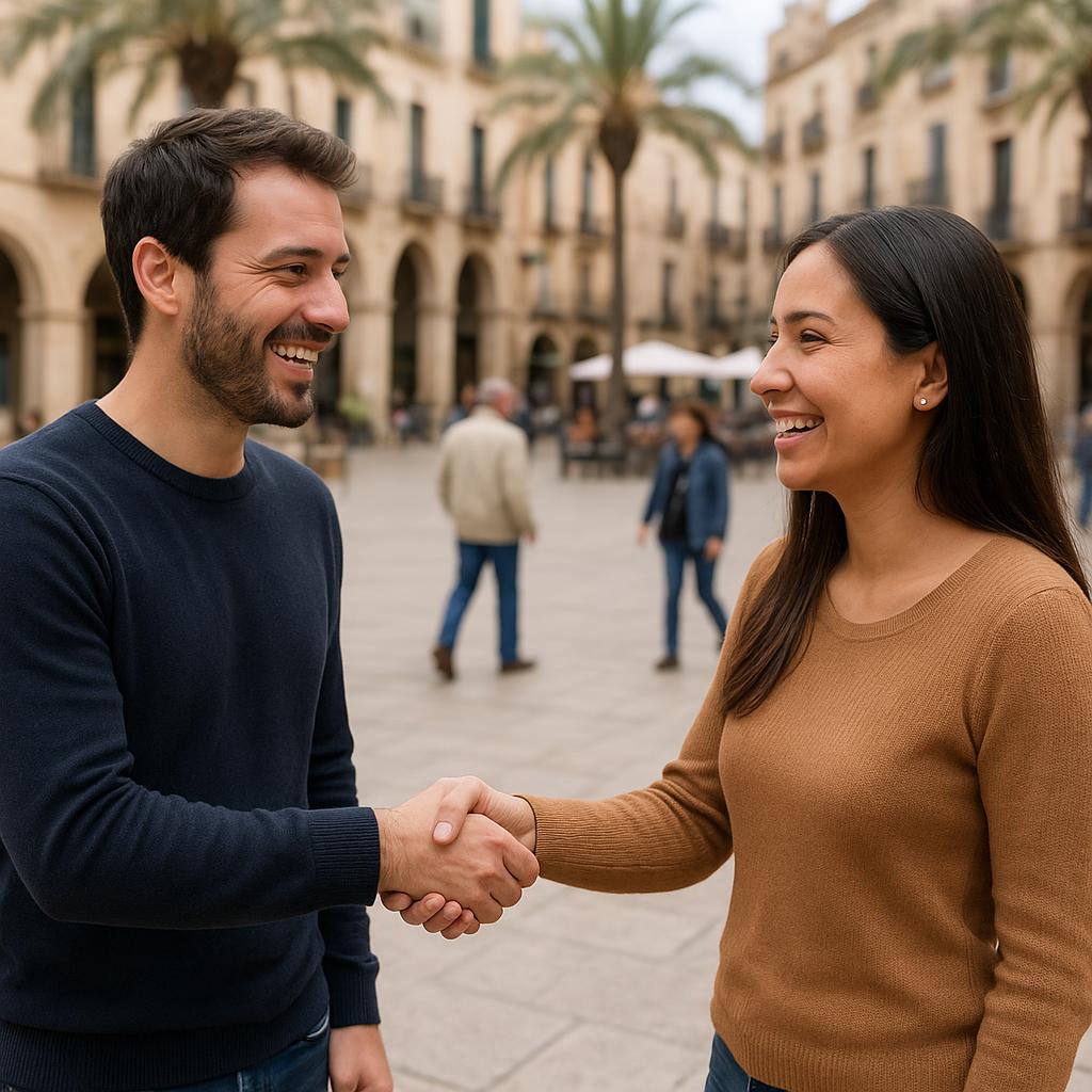 Dos personas sonriendo mientras se saludan en una plaza