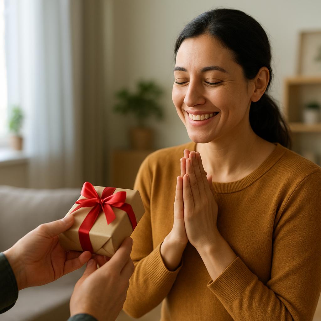 Persona dando las gracias después de recibir un pequeño regalo