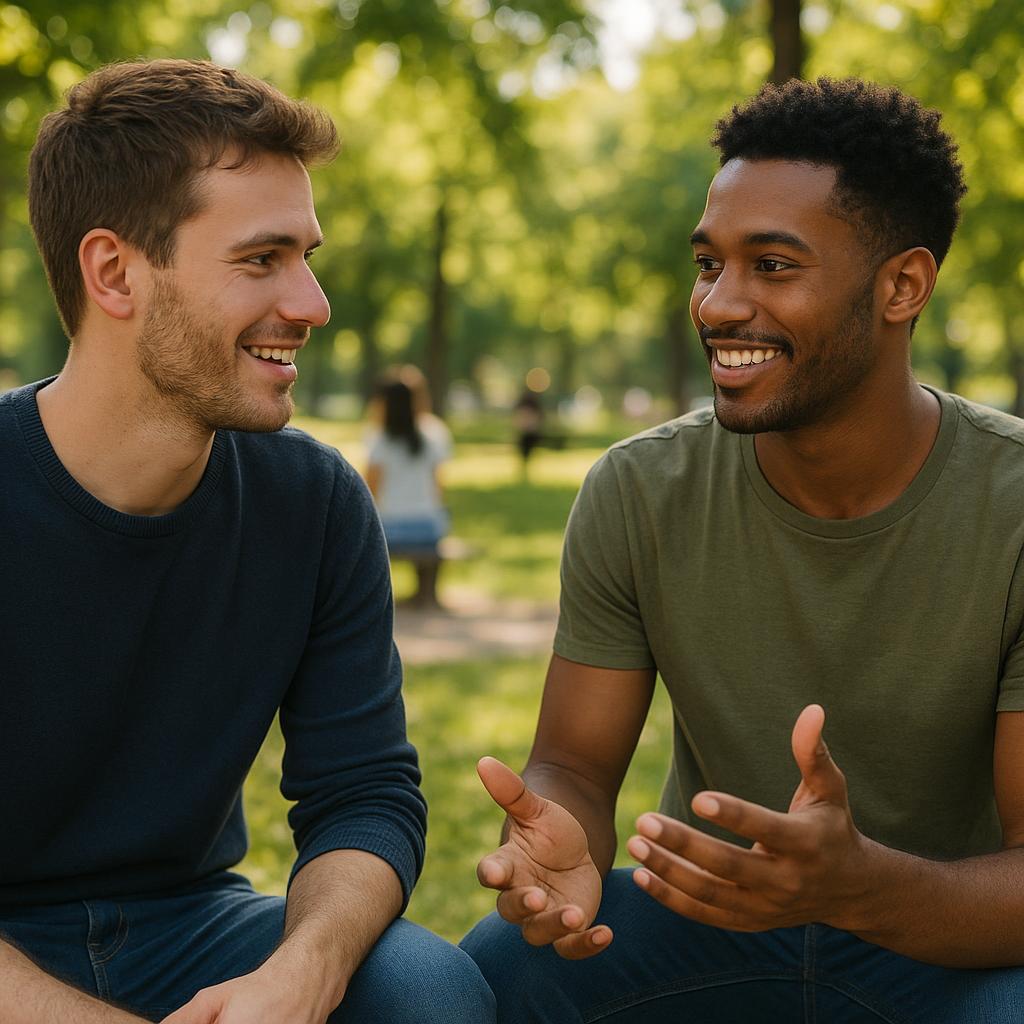 Dos amigos conversando en un parque