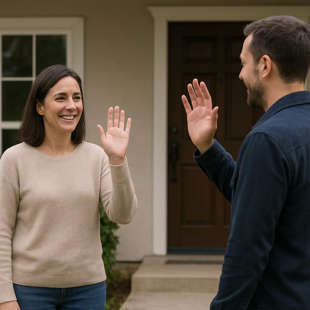 Dos personas despidiéndose con la mano frente a una casa