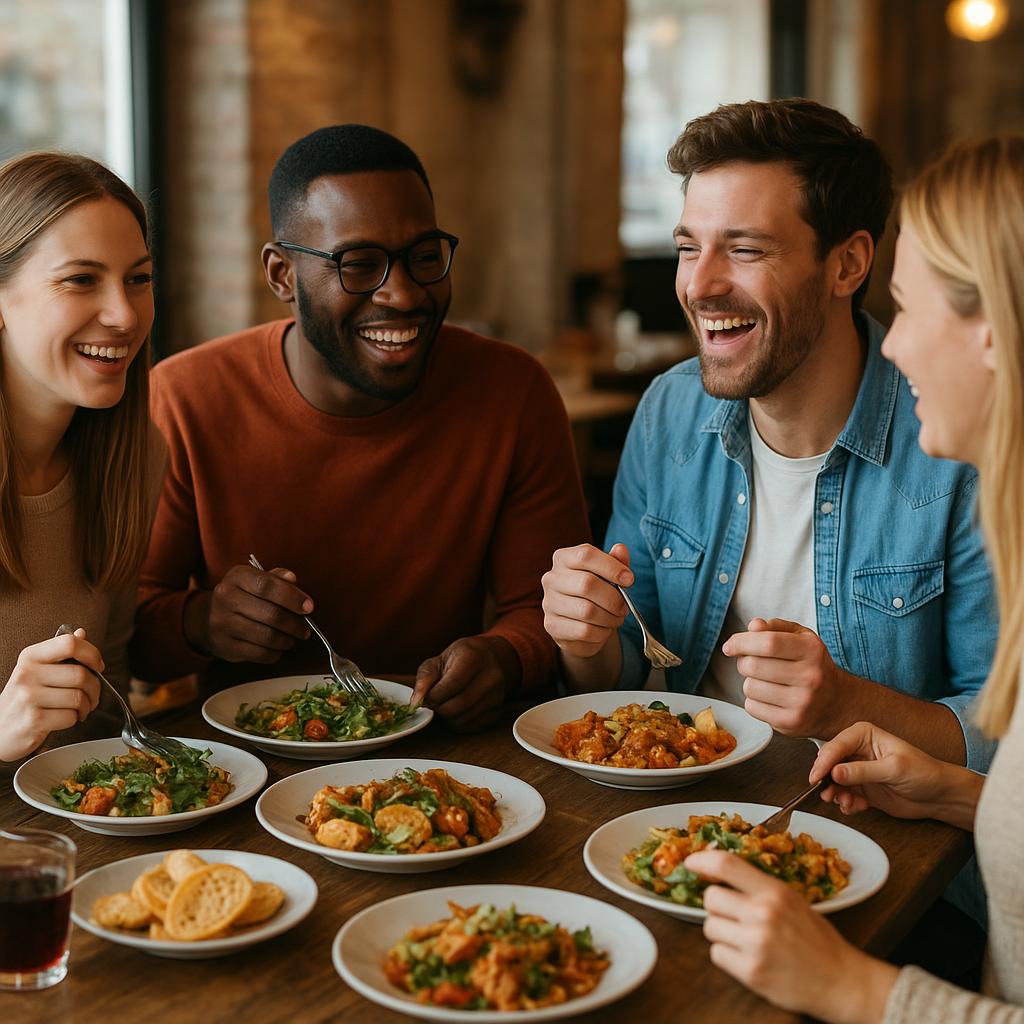 Grupo de amigos disfrutando de una comida juntos