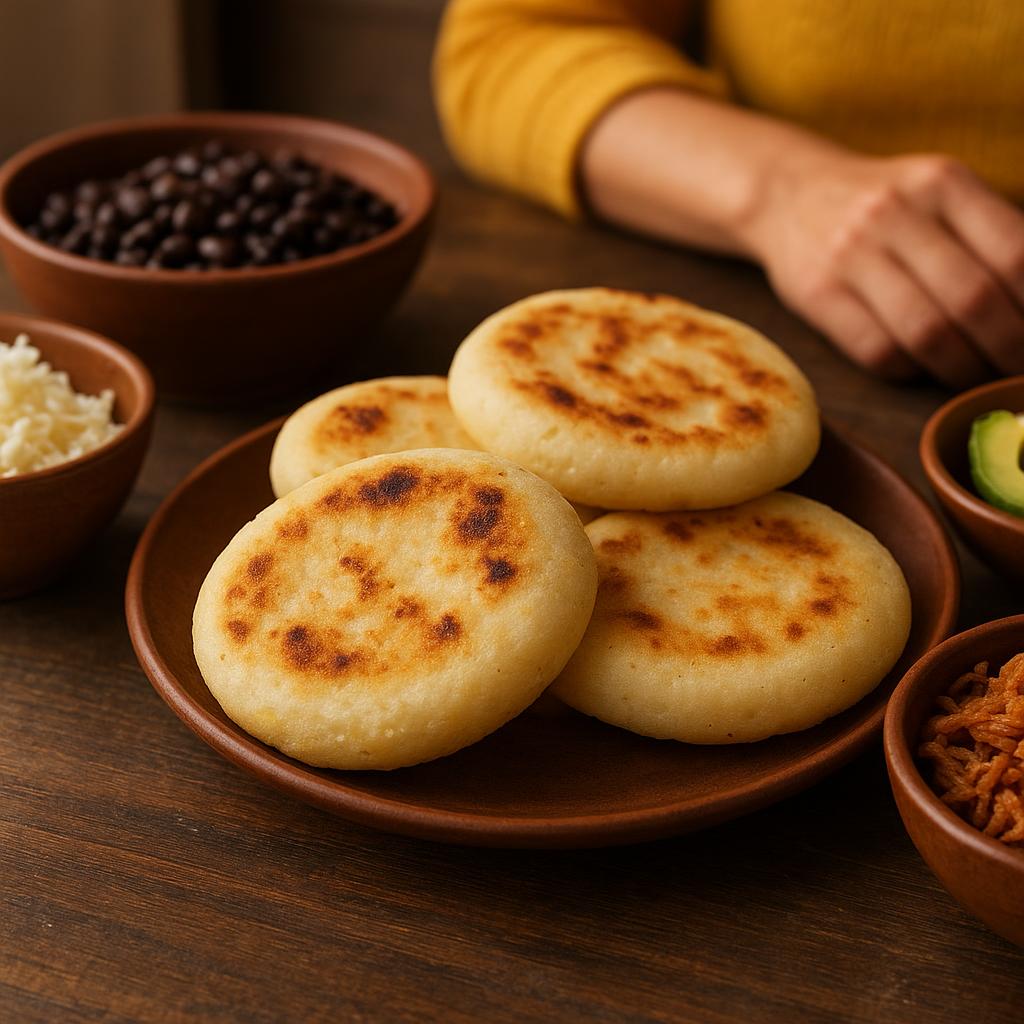 Arepas recién hechas servidas con ingredientes tradicionales