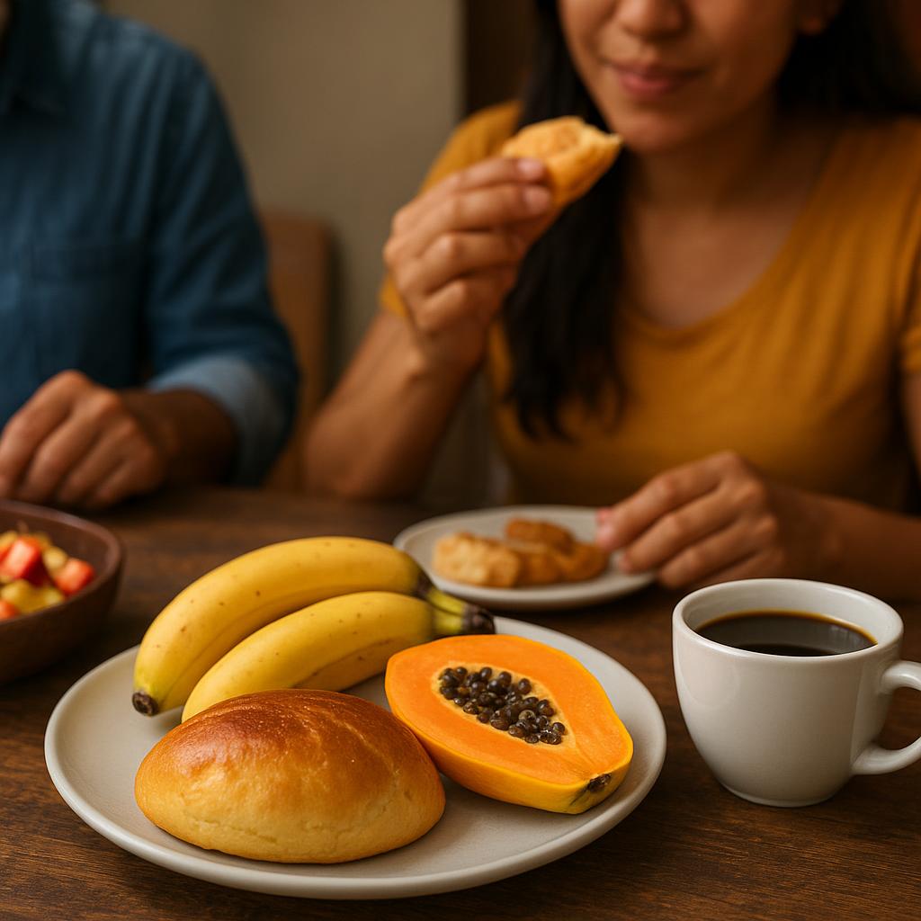 Desayuno tradicional latinoamericano con pan, fruta y café