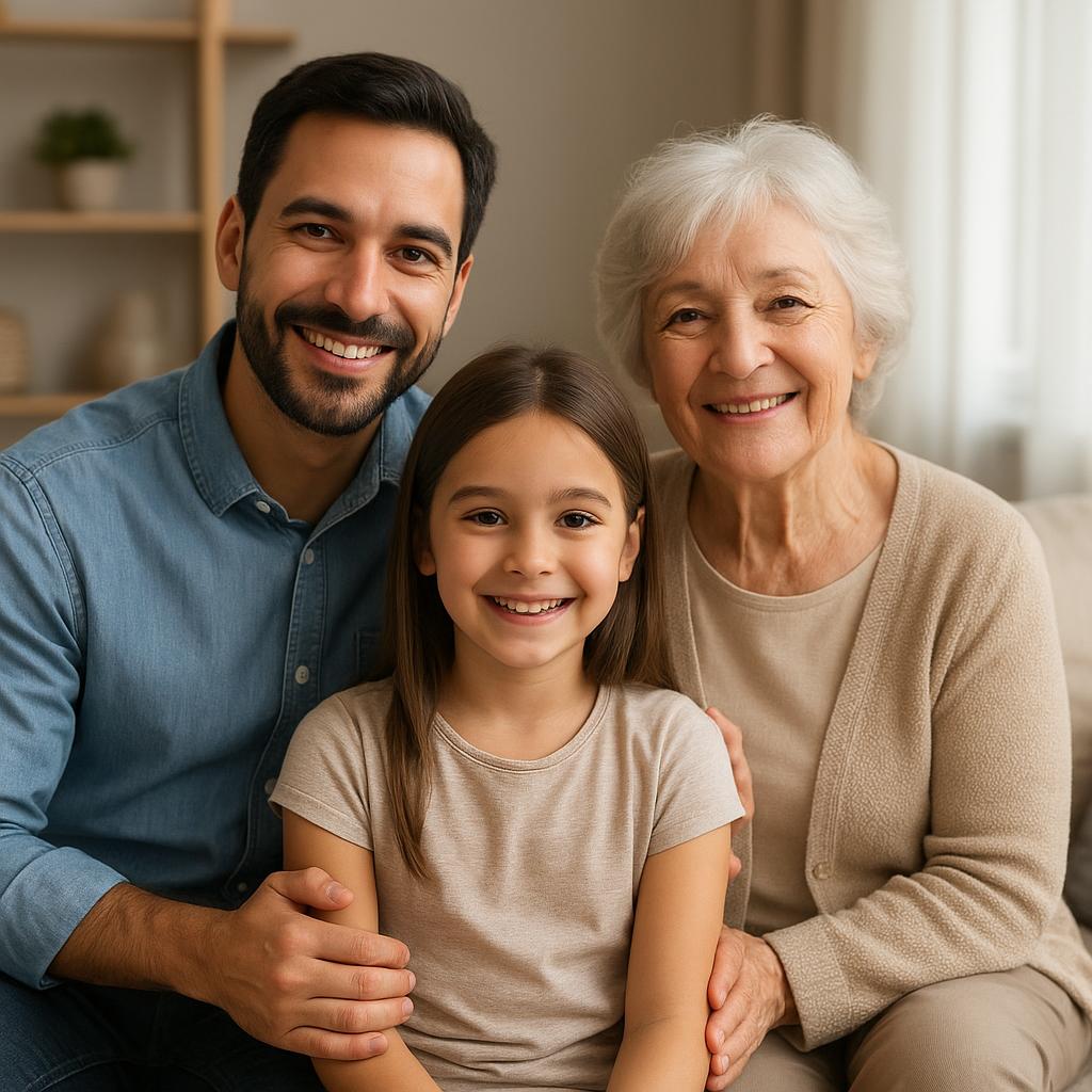 Familia de tres generaciones sonriendo en casa