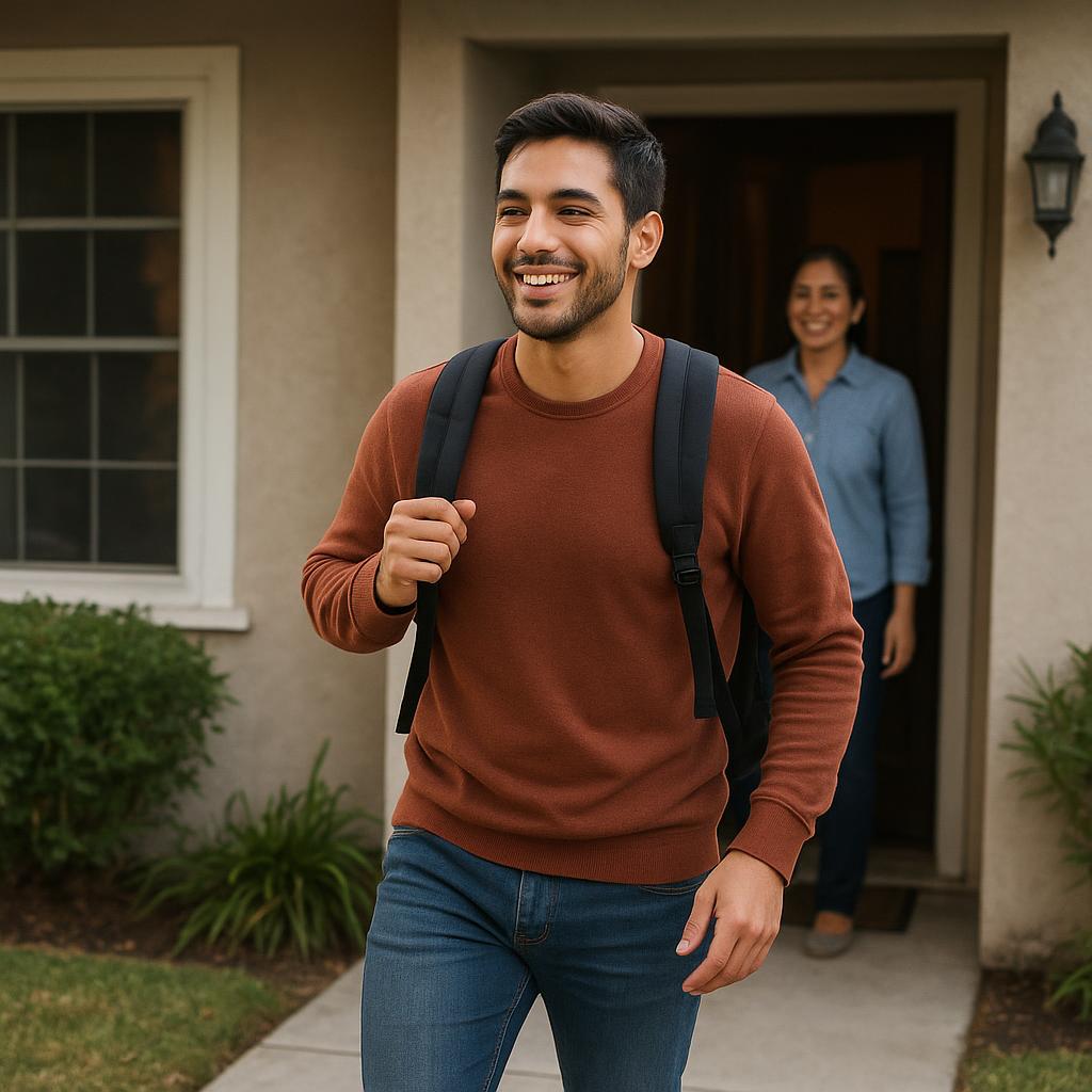 Persona saliendo de casa con una mochila