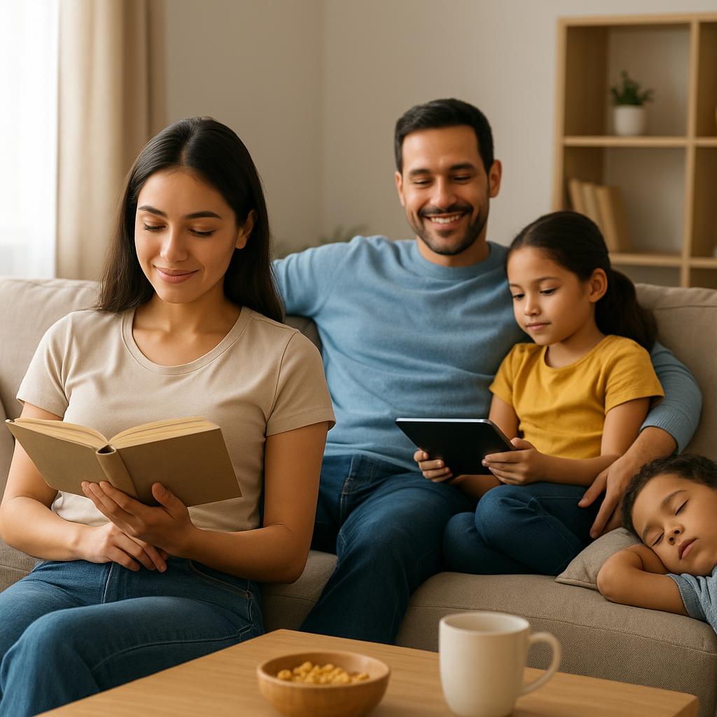 Familia leyendo y descansando en la sala