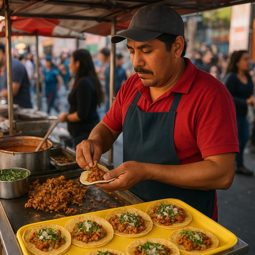 Traditional Mexican tacos served at a bustling street food stand