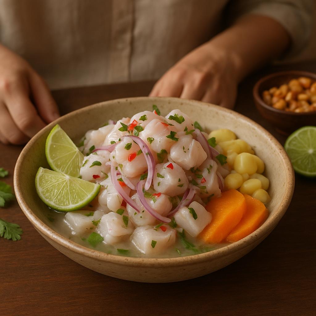 Peruvian ceviche prepared with fresh fish, lime, and local ingredients