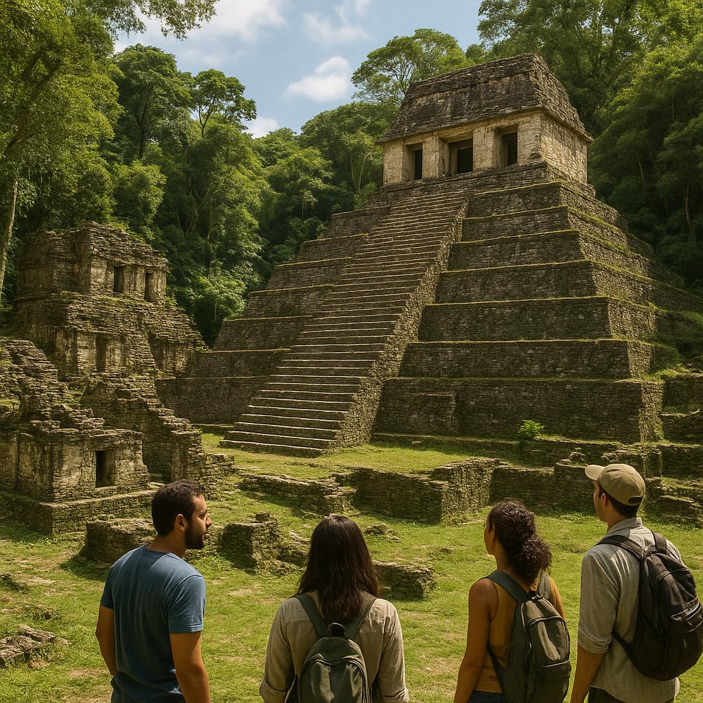 Ancient Mayan ruins surrounded by tropical forest