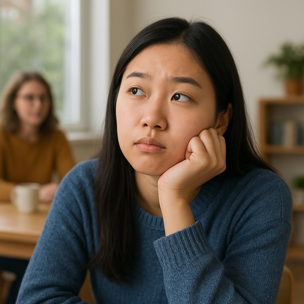 Person daydreaming and looking distracted, illustrating estar en las nubes