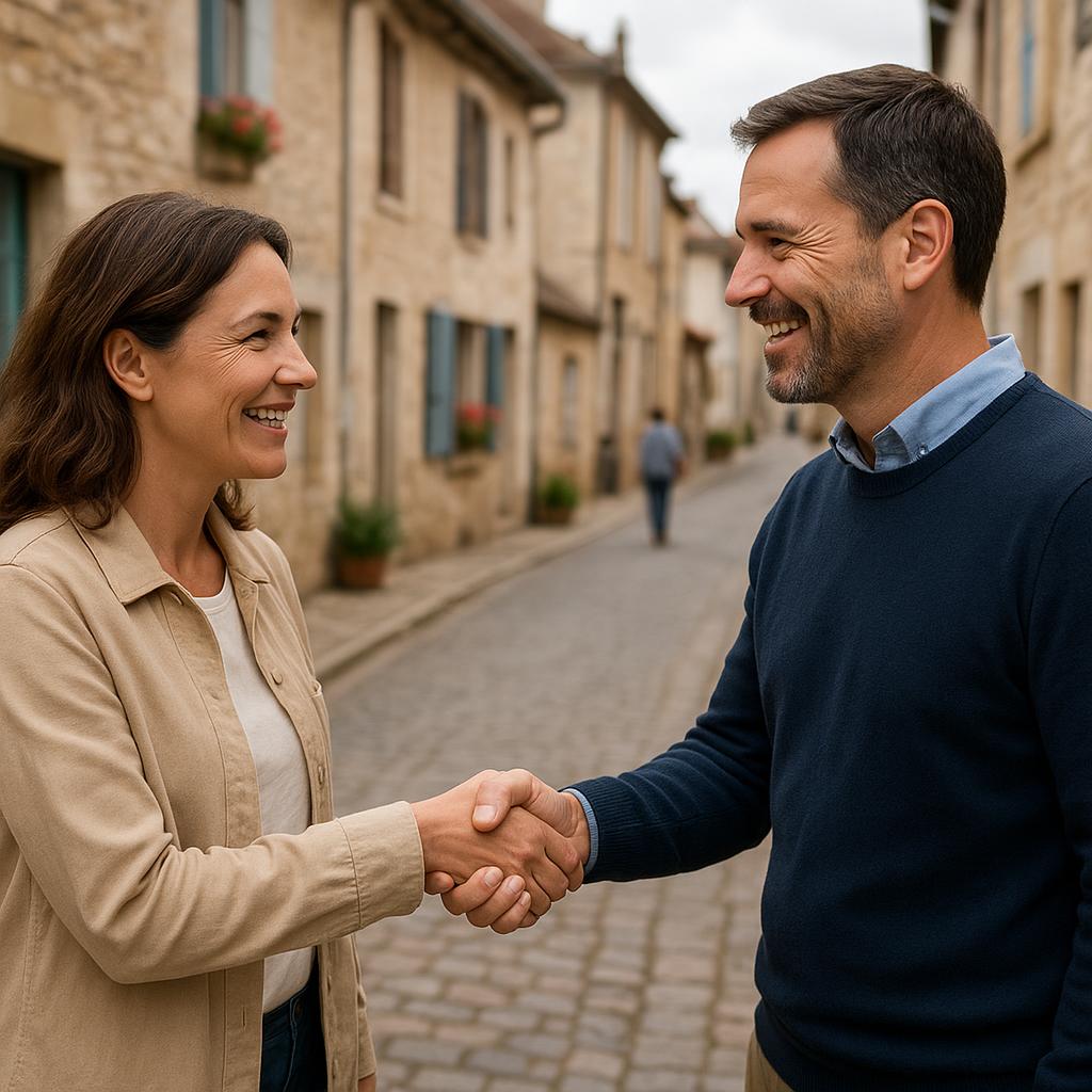 Deux personnes souriantes se saluant dans une rue de village français