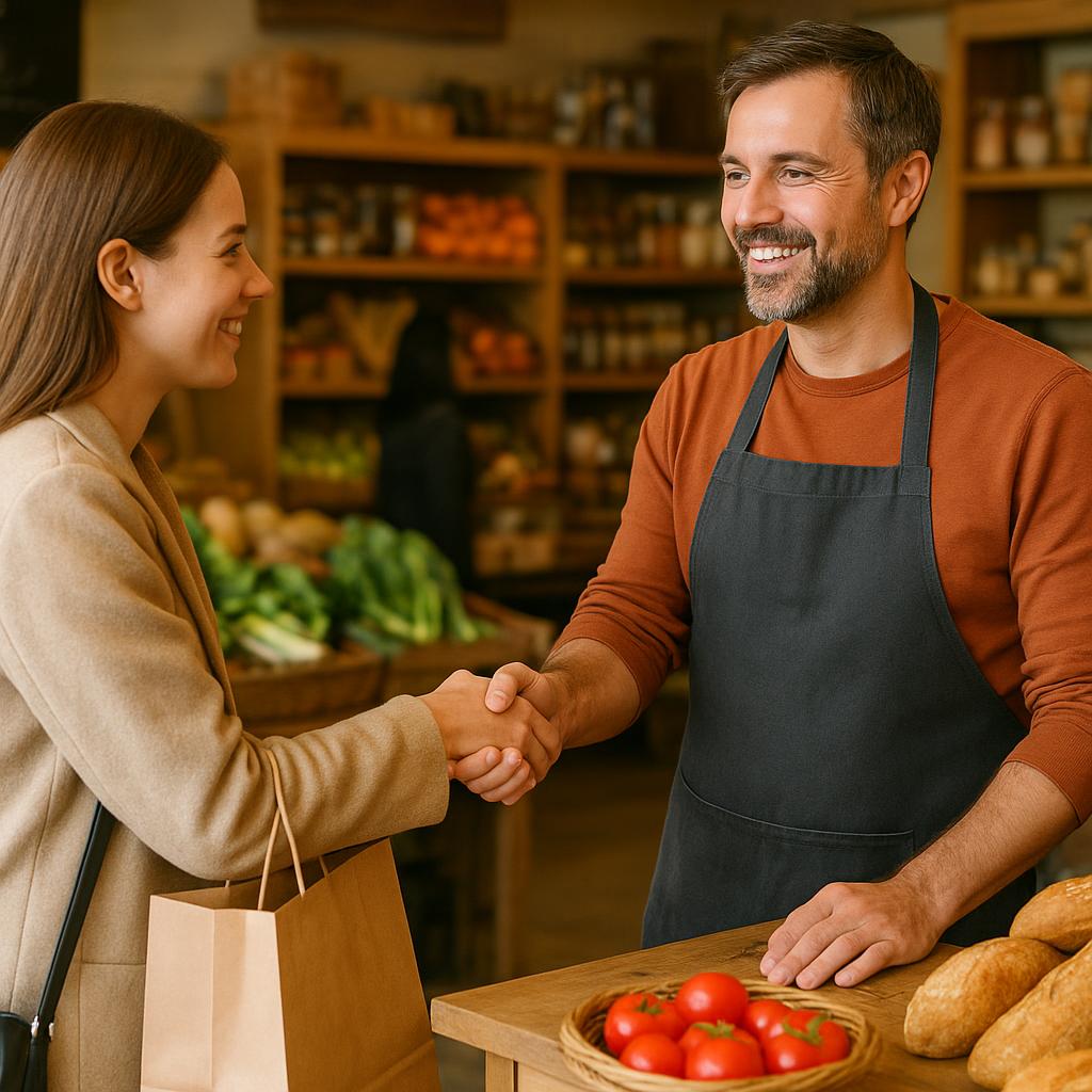 Personne remerciant un commerçant après un achat