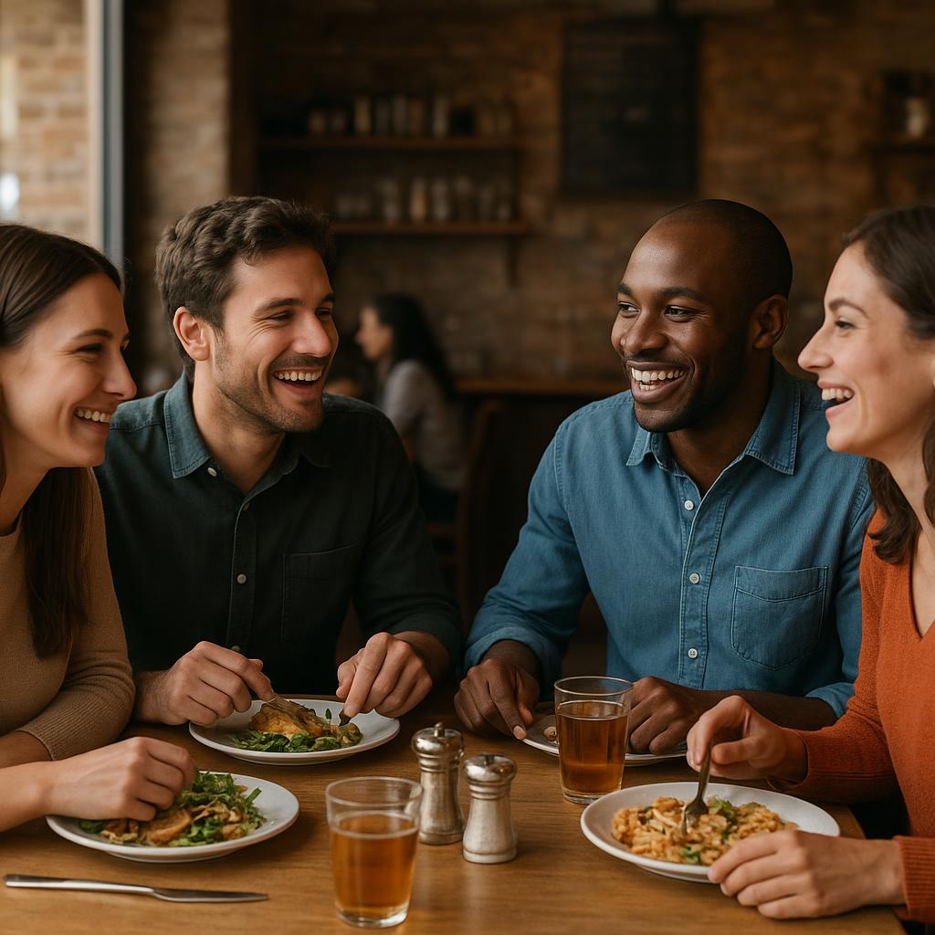 Amis partageant un repas dans un bistrot
