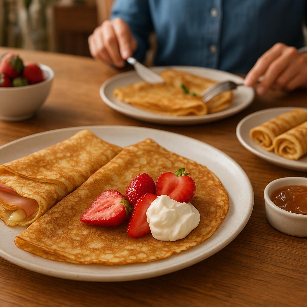 Crêpes servies avec des garnitures sucrées et salées