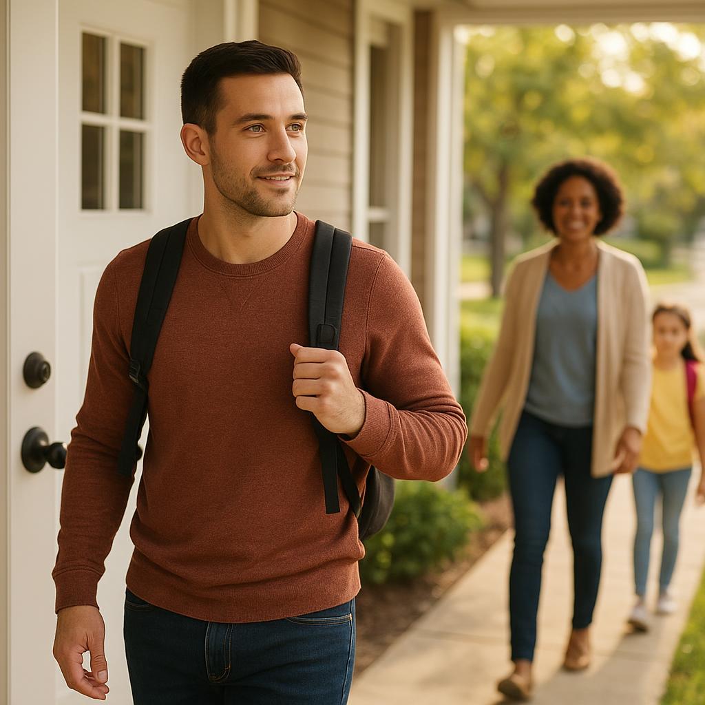 Personne quittant la maison avec un sac à dos