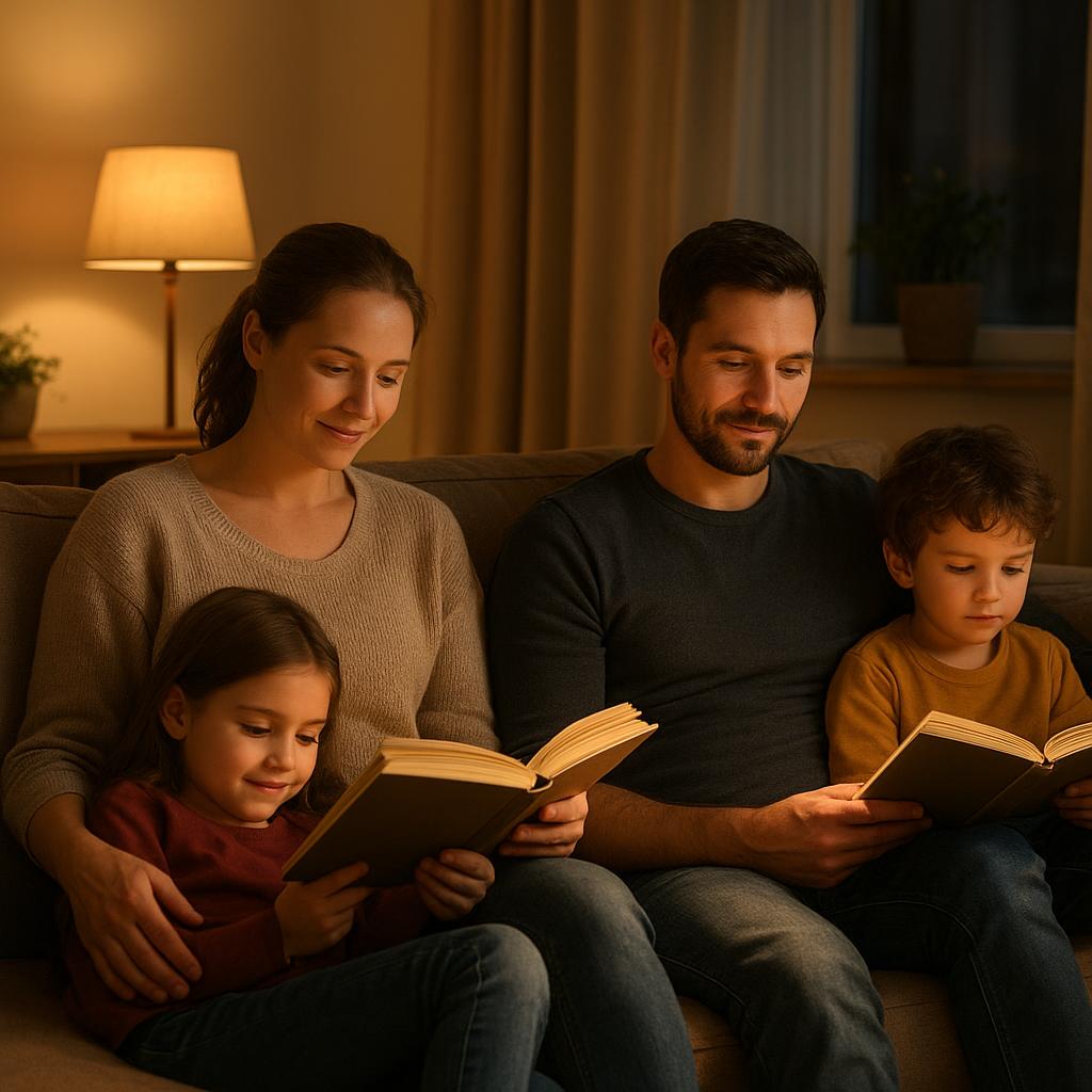 Famille lisant dans le salon en soirée