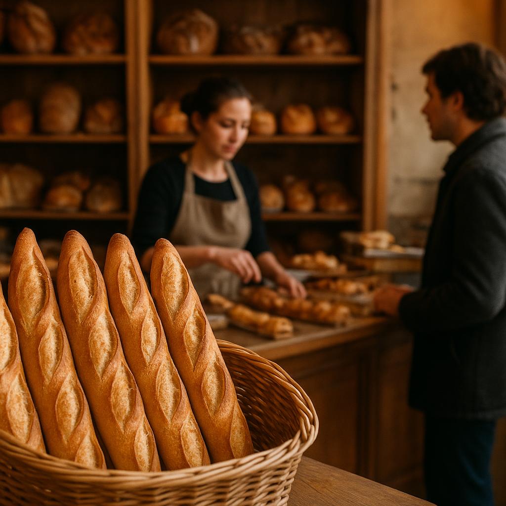 Fresh French baguettes displayed in a traditional bakery