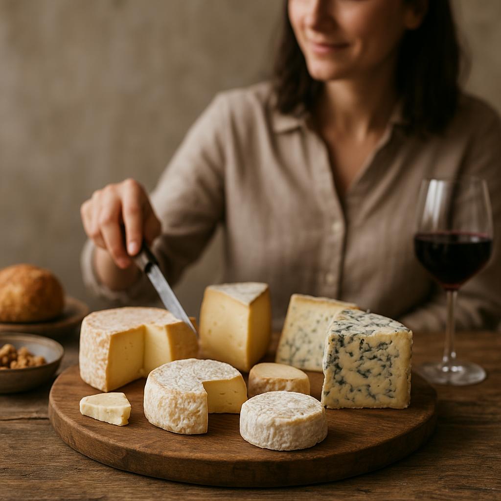 Selection of traditional French cheeses on a rustic table
