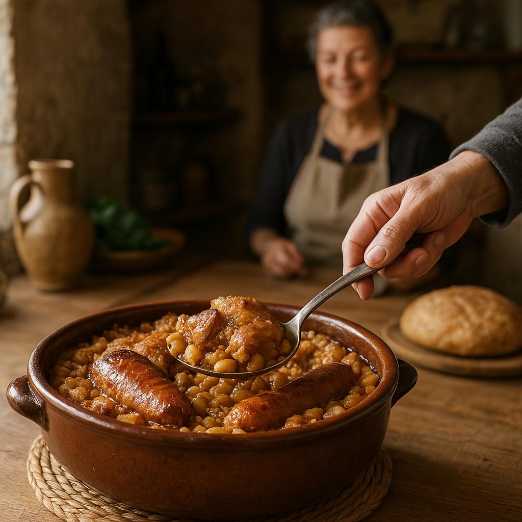 Traditional cassoulet served in an earthenware dish