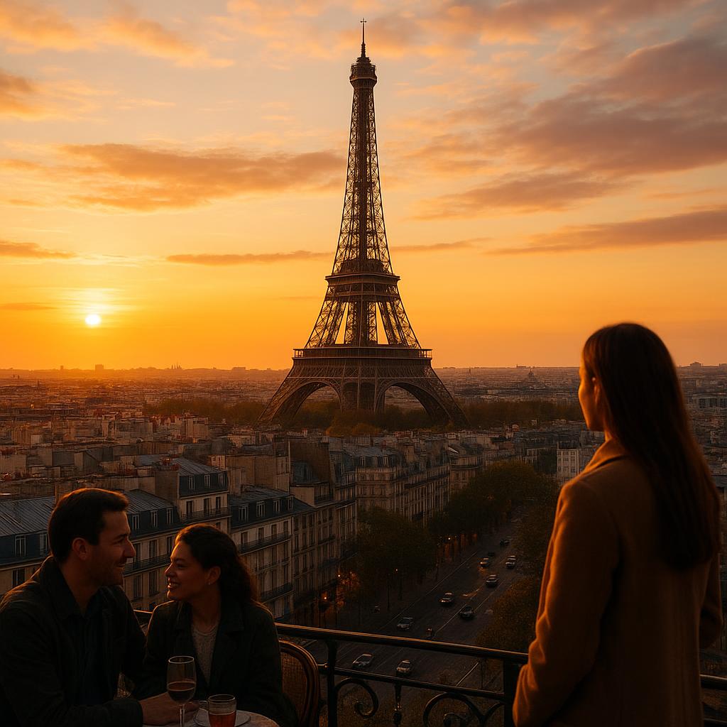 Eiffel Tower and Parisian cityscape at sunset