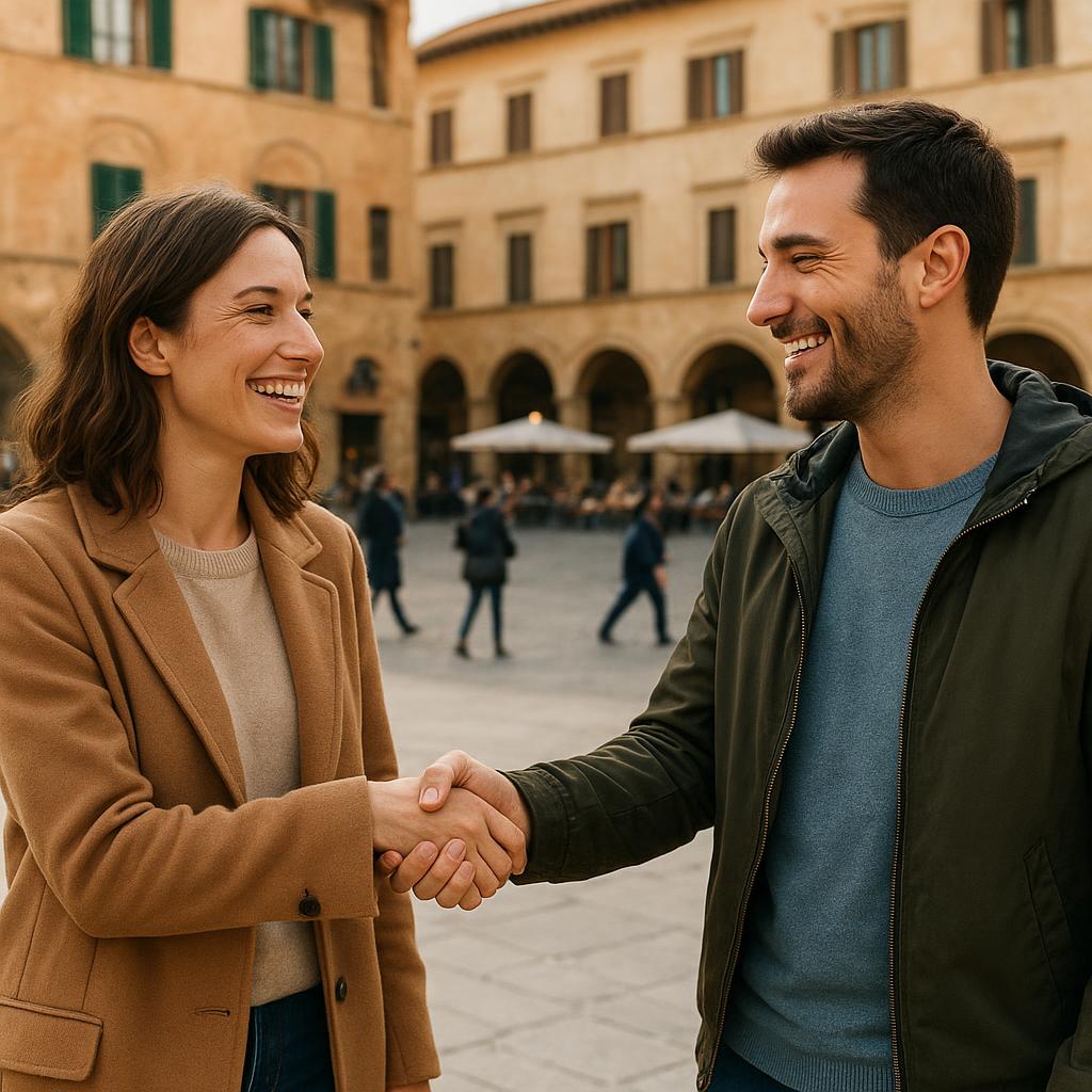 Due persone che si salutano sorridendo in una piazza italiana