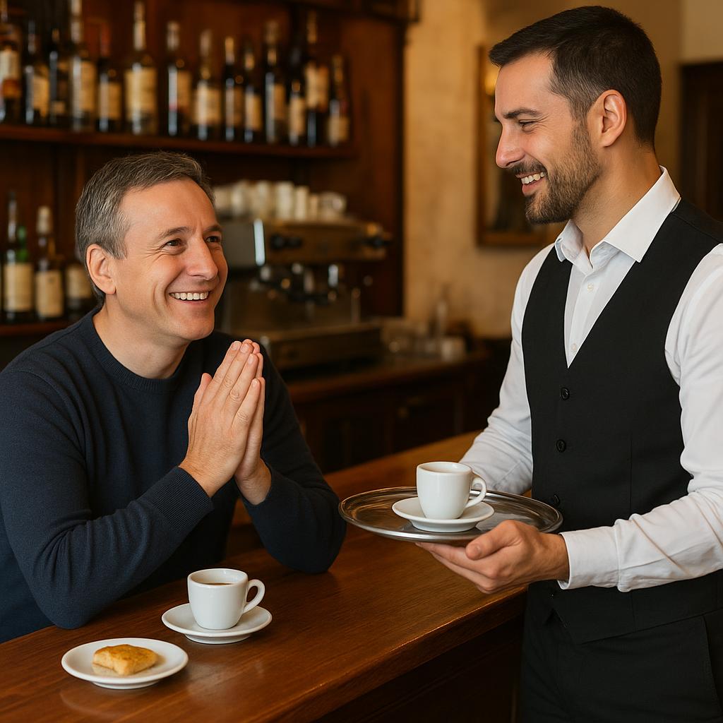 Persona che ringrazia un cameriere in un bar italiano