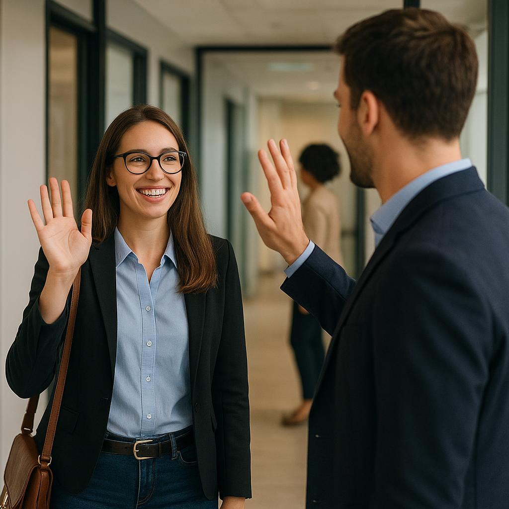 Persone che si salutano mentre lasciano un ufficio