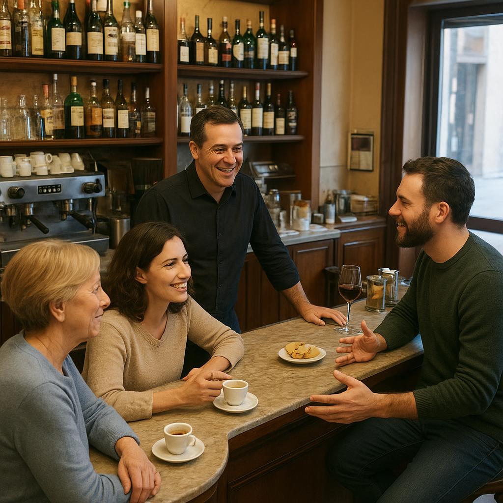 Clienti che conversano al banco di un bar italiano