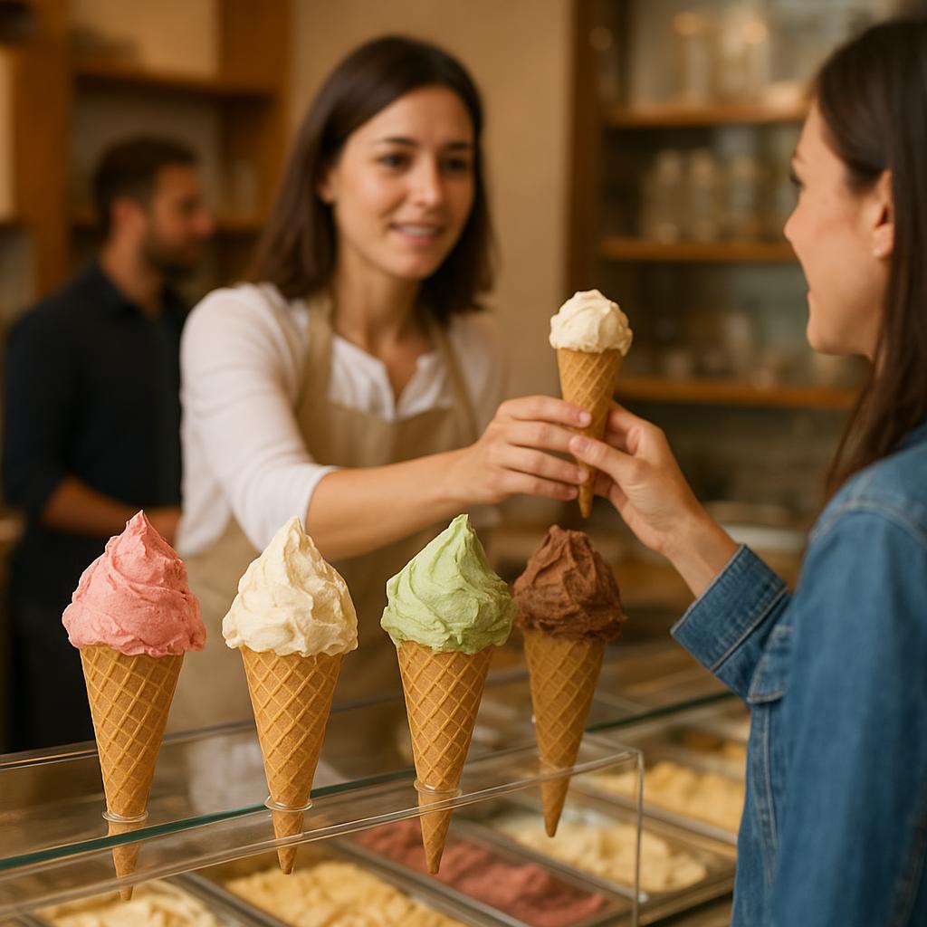 Coni di gelato artigianale esposti in una gelateria
