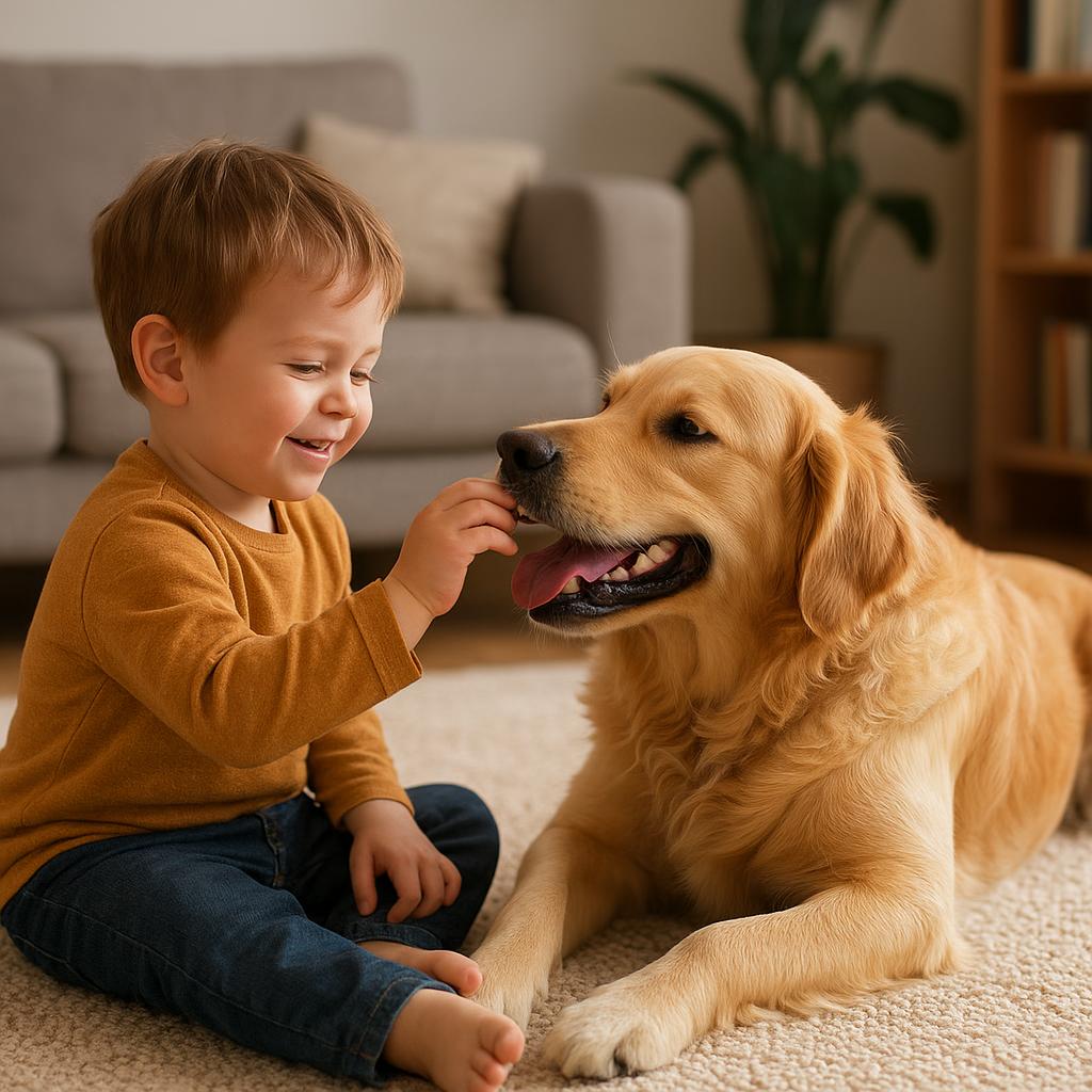 Bambino che gioca con un cane in soggiorno