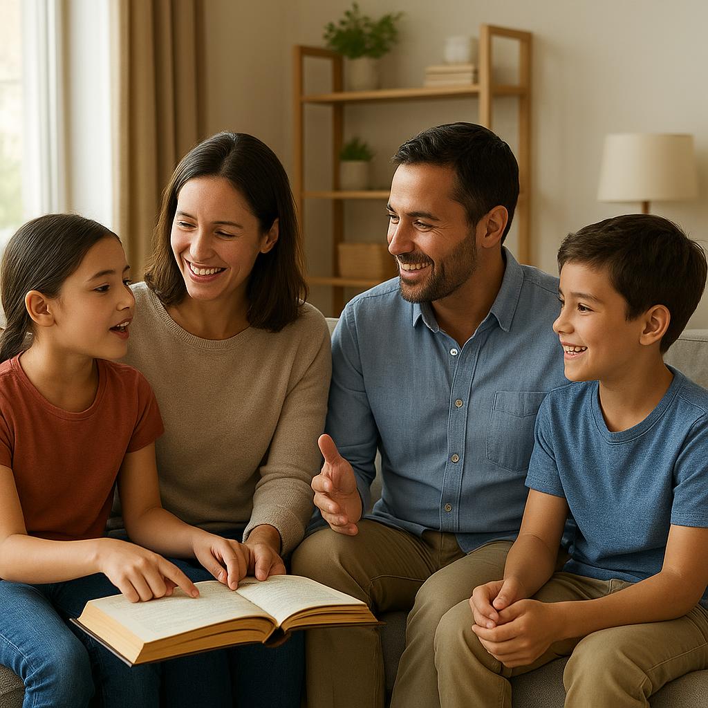 Famiglia che legge e conversa nel soggiorno