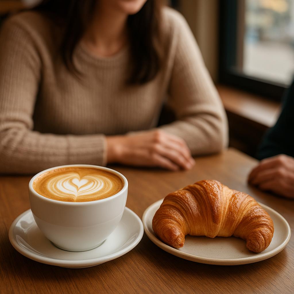 Tazza di cappuccino con cornetto su un tavolino