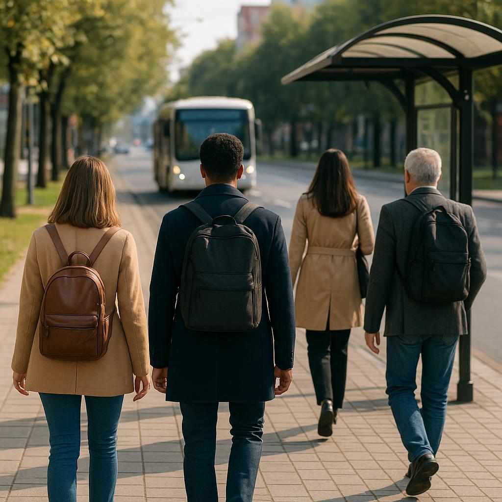 Persone che camminano verso una fermata dell'autobus