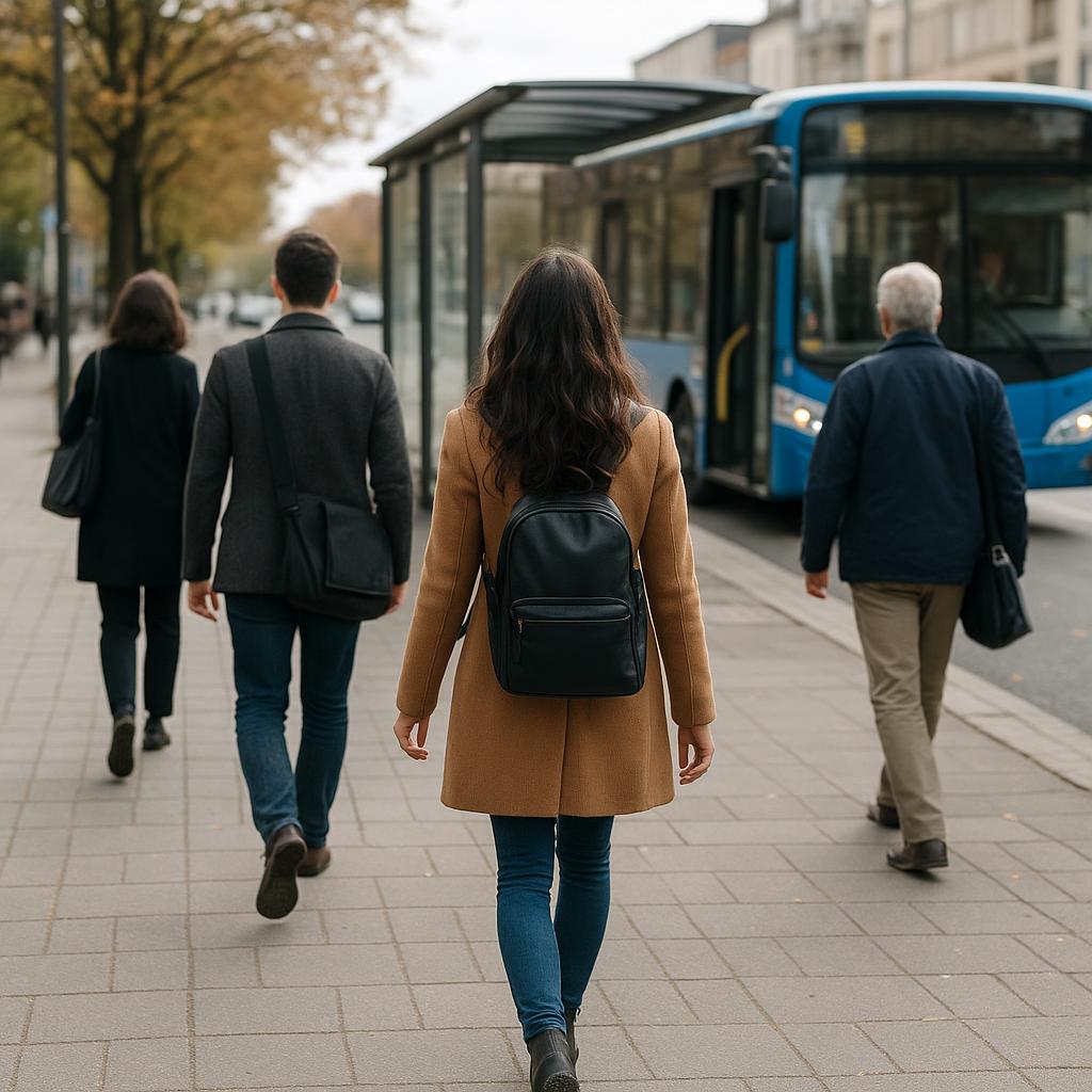 Persone che camminano verso una fermata dell'autobus