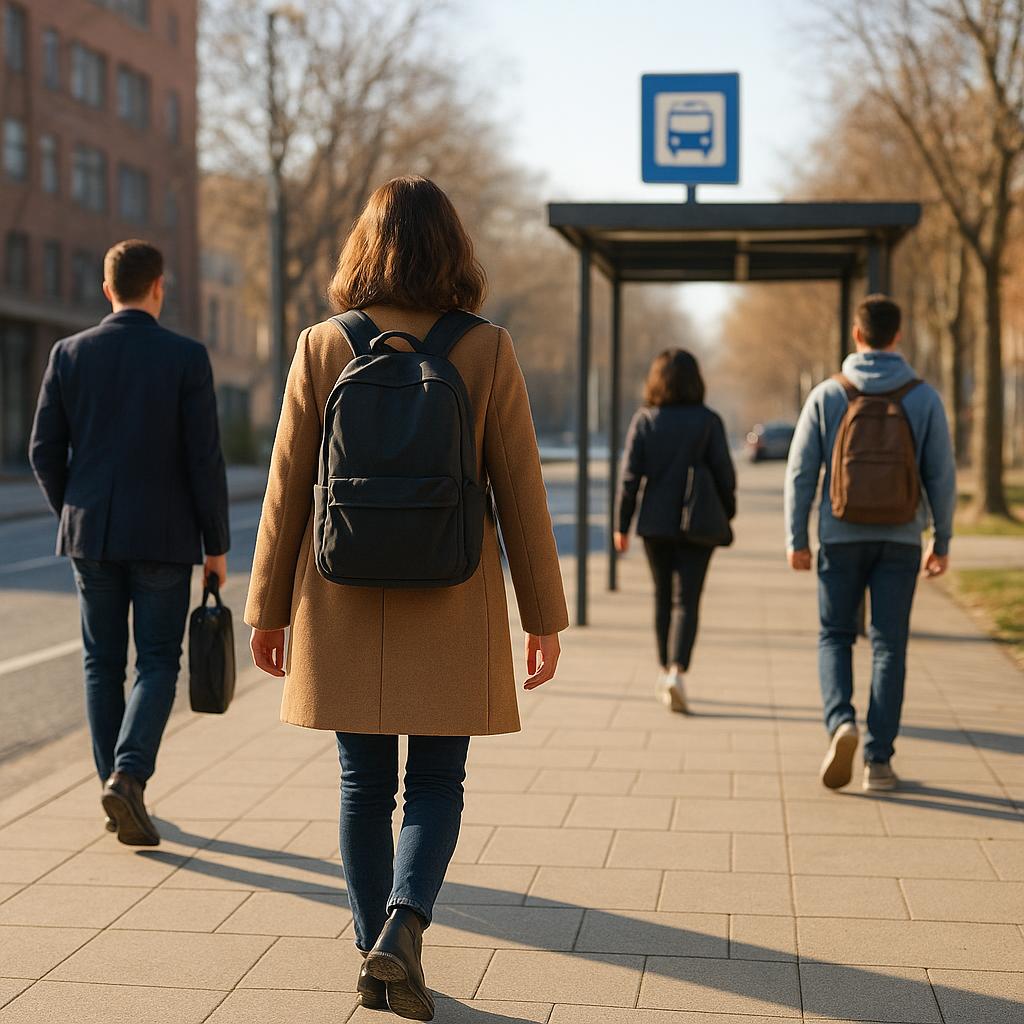 Persone che camminano verso una fermata dell'autobus