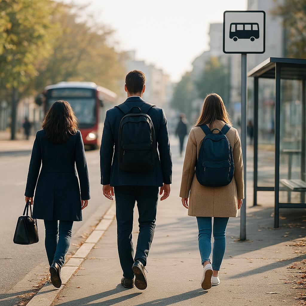 Persone che camminano verso una fermata dell'autobus