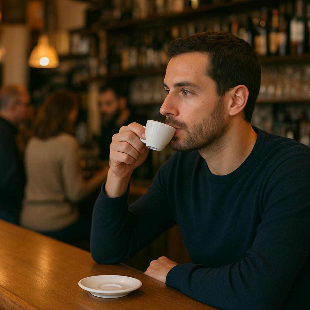 Persona che beve un caffè al banco di un bar